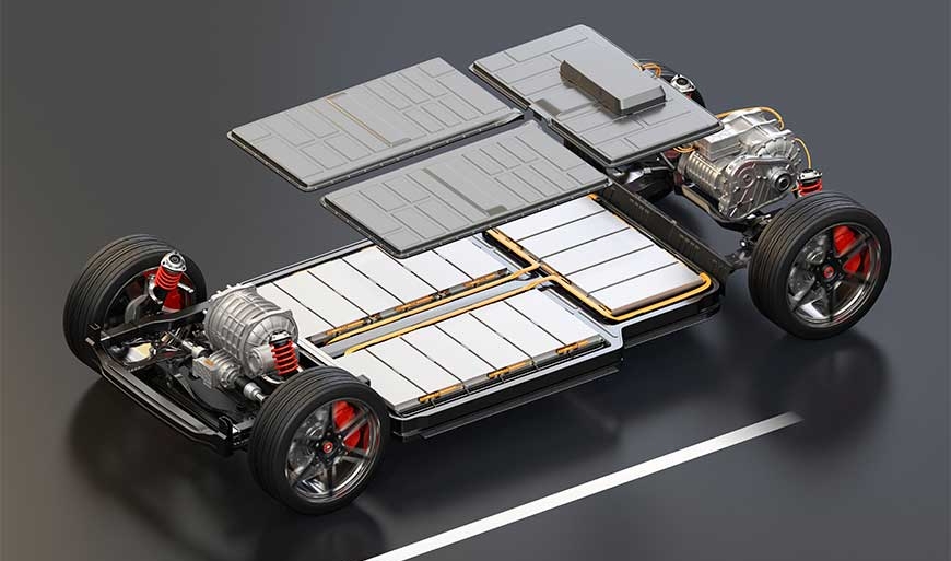 View of electric vehicle chassis equipped with battery pack